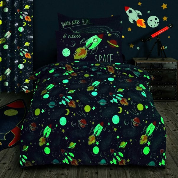 Velosso Space Theme Kids Bedding Set - Glow in the Dark Duvet Cover and Pillowcase Set, Rocket Ship and Planetary Pattern