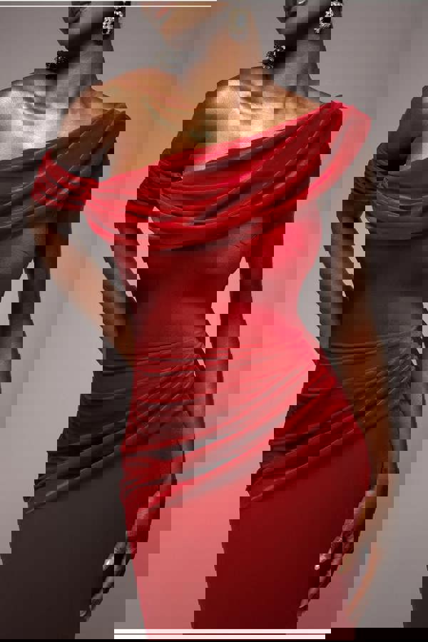 Cowl One Shoulder Velvet Maxi Dress - Red DR4504