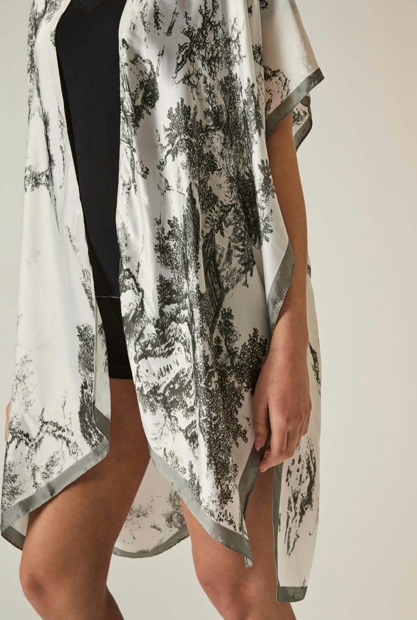 Black-and-white marble print kaftan, relaxed fit 
