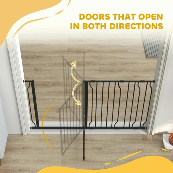 Black pet safety gate with door that opens in both directions, installation diagram