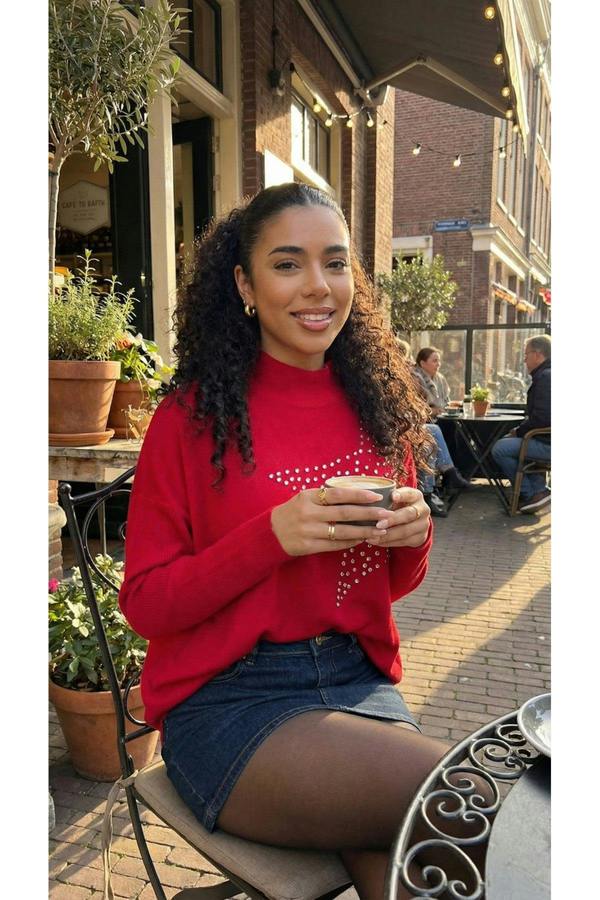 Jaira Oversized Knitted Jumper With Studded Star Detail - Red