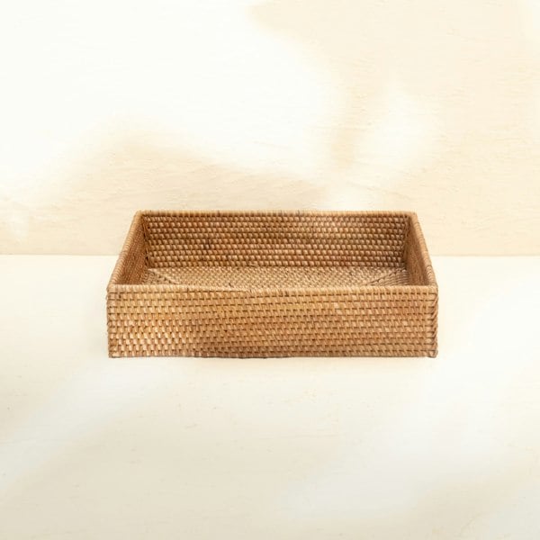 Rattan A4 paper tray close up handwoven wicker desk organiser