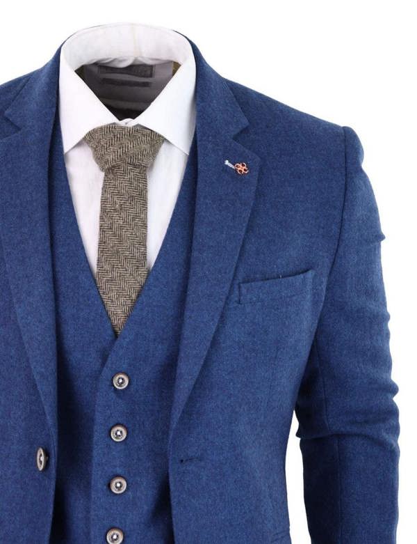 House of Cavani Mens 3 Piece Blue Tweed Wool Twill Vintage Classic Suit