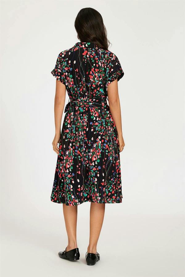 FS Collection Black Floral Shirt Midi Dress with Tie Waist and Short Sleeves