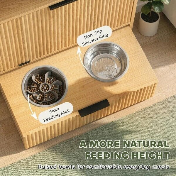 Pet Feeder Station with Storage, Dog Food Storage Container w/ 2 Raised Bowls, Tilt Out Cabinet, Slow Feeder Mat