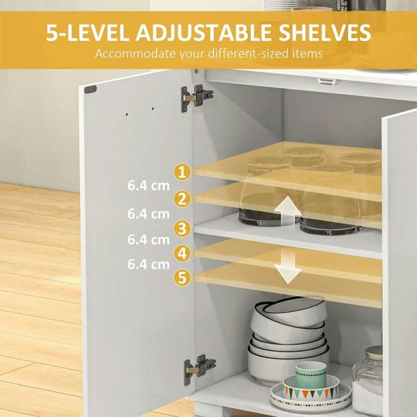 High-gloss white cabinet interior with adjustable shelves and open door panels