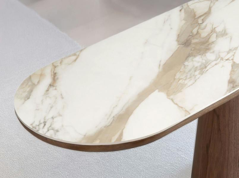 Angel Cerdá Porcelain Marble and Walnut Half Round Oval Console Table 3284