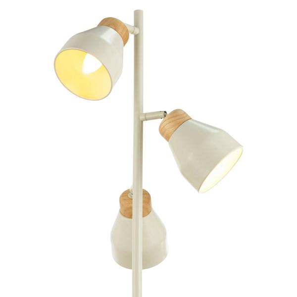 Muted Dove Grey Scandinavian Triple Spot Floor Lamp with Wooden Trim Image 3