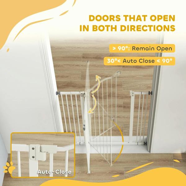 White pet gate door with auto-close design; open barrier frame and hinges