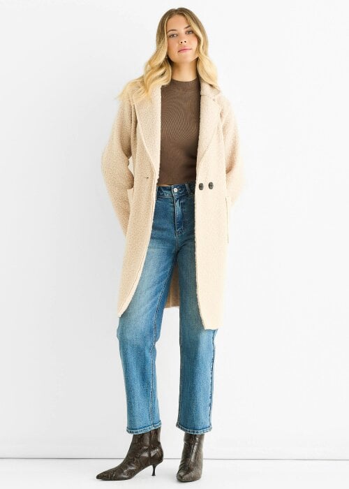 Gini London Beige Shearling Mid Length Double Breasted Jacket