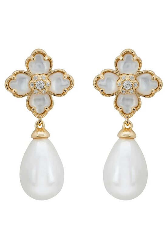 Latelita Flower Clover Pearl Drop Earrings Mother Of Pearl Gold