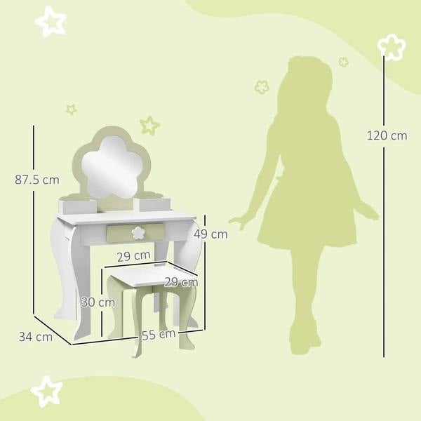 Kids vanity table set size diagram with mirror, drawer, and matching stool dimensions