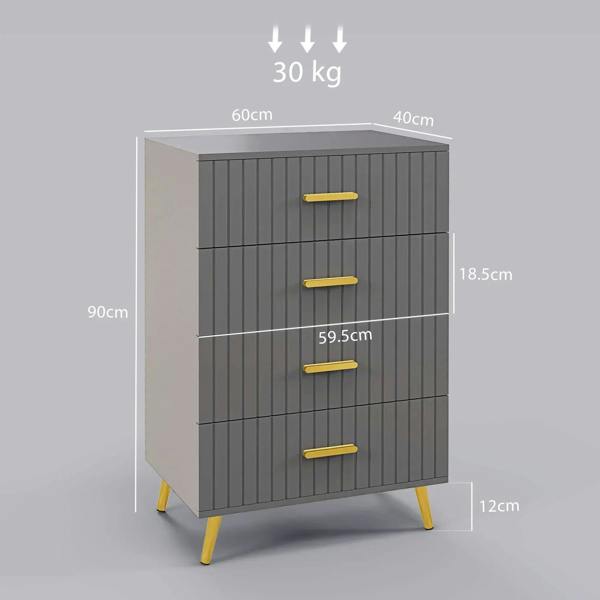 Dark grey 4-drawer dresser with embossed vertical lines and gold-tone bar handles
