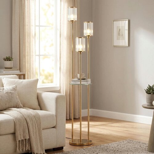 HOMCOM Floor Lamp with Shelves and Foot Switch, Bulbs Not Included, Gold