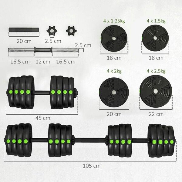 Adjustable Weight Barbell & Dumbbells Set Free Weights Strength Muscle Exercise Home Gym Training, Black and Green