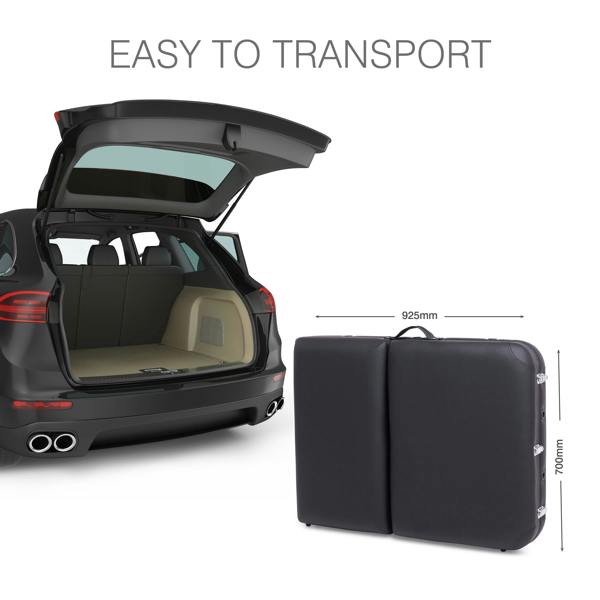 An open SUV trunk with a large, folded black Rio Professional Aluminium Massage Table & Treatment Couch (925mm x 700mm) beside it. Text above reads EASY TO TRANSPORT, highlighting convenient at-home massage portability.