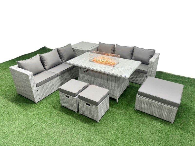 Fimous 9 Seat PE Rattan Lounge Sofa Set Outdoor Garden Furniture Set with Fire Pit Dining Table 3 Seater Sofa 3 Stools Side Table Light Grey