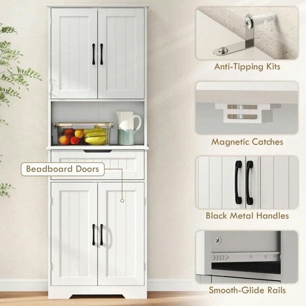 172 cm Tall Kitchen Pantry Cupboard w/ Small Open Counter, Freestanding Kitchen Cabinet w/ 2 Adjustable Shelves, White