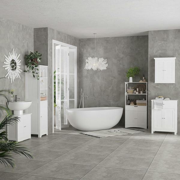 White bathroom vanity with under-sink cabinet storage and large countertop sink bowl