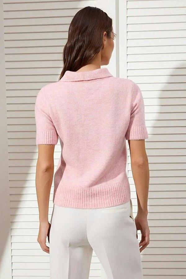 WOVCOR Polo Collar Soft Textured Knit Blouse with Stone Button Details
