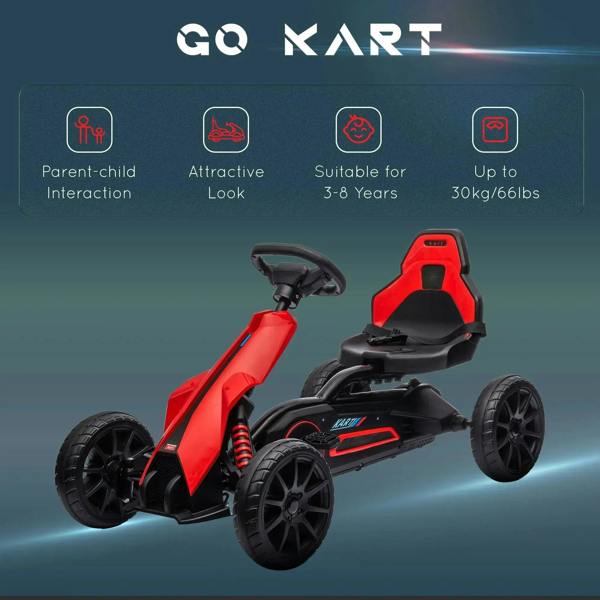 Red kids pedal go-kart with black seat, handlebars, and four rugged wheels