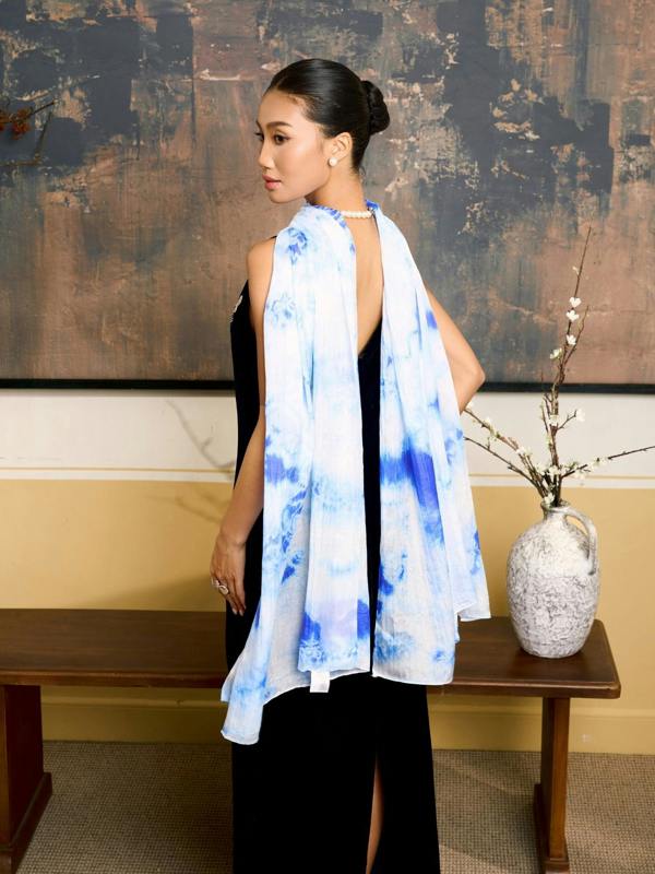 Sky Blue Shibori Silk Scarf – Hand-Dyed Mulberry Silk, Headscarf & Spring Wrap