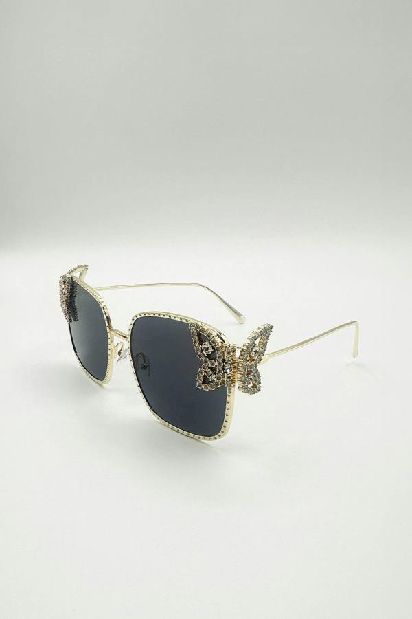 Square Oversized Diamante Detail Sunglasses In Black - svnx