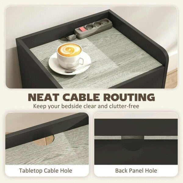 Modern Bedside Table, Slim Nightstand with Drawer, Shelf and Cable Holes, Black and Grey Wood Effect