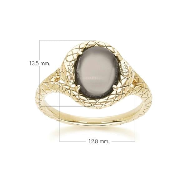 Gemondo ECFEW™ Oval Black Moonstone snake two-headed coiled bezel-set cabochon ring in gold vermeil sterling silver
