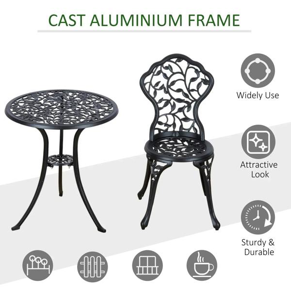 Black cast aluminum bistro table with ornate lattice chair, sturdy outdoor patio set