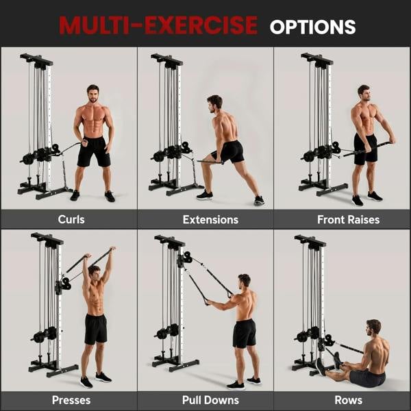 Wall-mounted cable machine showing multiple exercise attachments and pulley positions