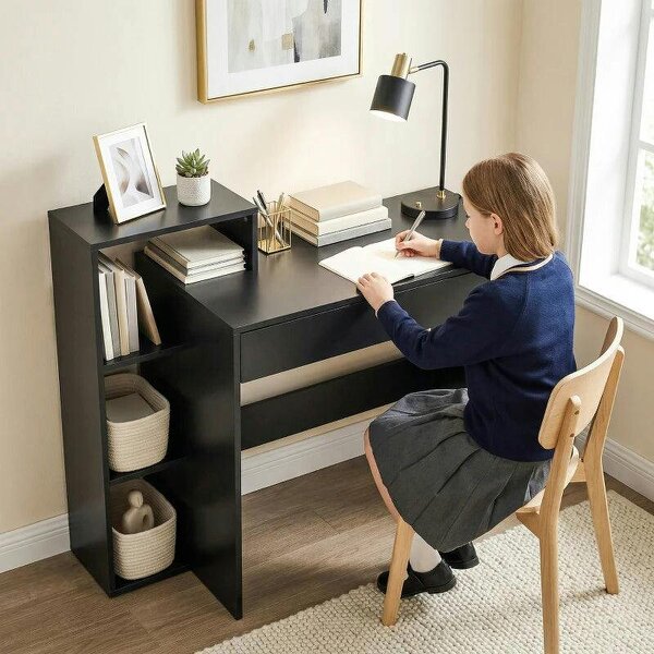 Desk with Storage, Computer Desk with 3 Open Shelves and Drawer, Workstation, Computer Table, Black
