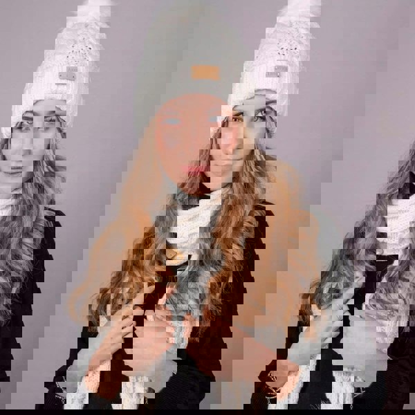 Aran Cable Pom Pom Scarf Aran Cable Pom Pom Scarf | Soft Knit with Faux Fur Trim | One Size