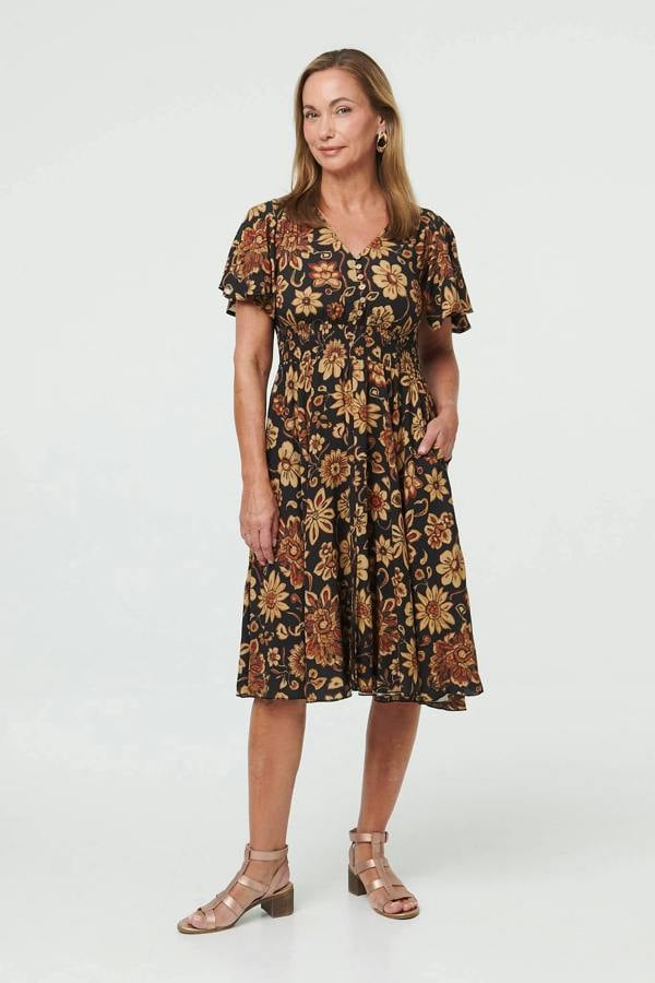 Black | Floral Shirred V-Neck Knee Length Dress