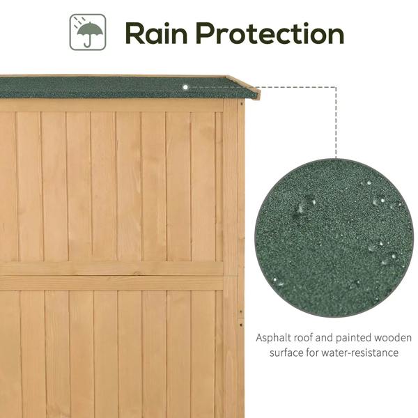 Natural wood garden shed roof with water-resistant, asphalt-style surface for rain protection