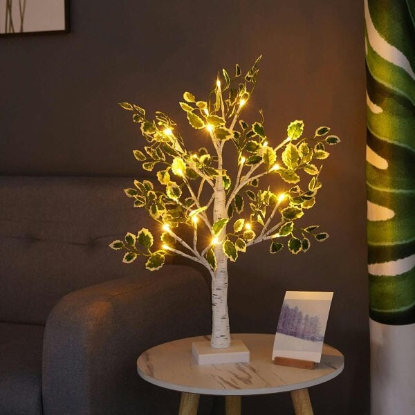 smartbies Birch Christmas Tree with Lights Table Top Tree With 24 Warm Lights