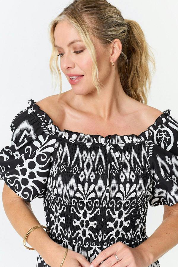 Black | Abstract Bardot Puff Sleeve Midi Dress