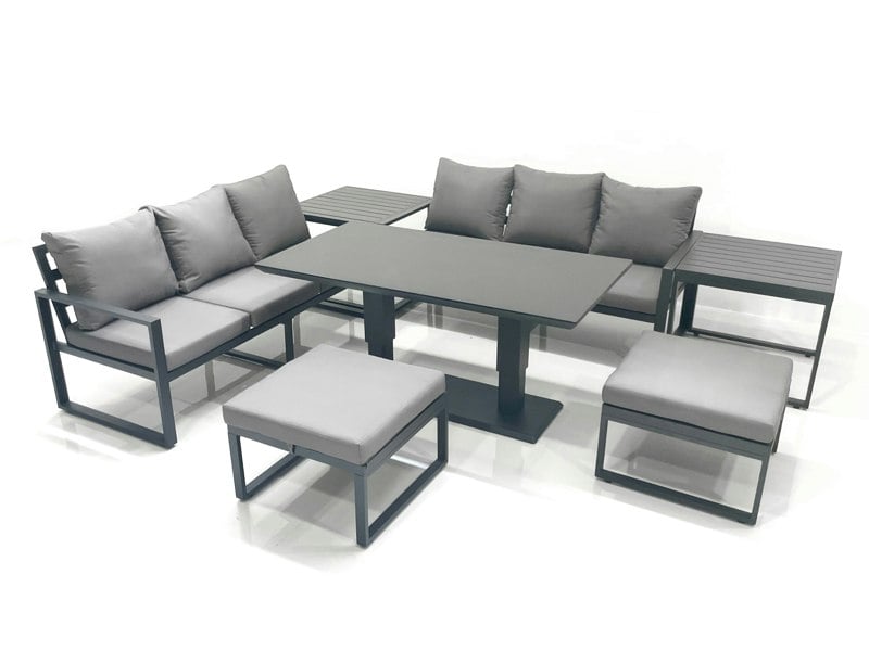 Fimous 8-Seater Aluminium Outdoor Dining Set | Adjustable Rising Table, 3-Seater Sofa, 2 Footstools, 2 Side Tables | Dark Grey