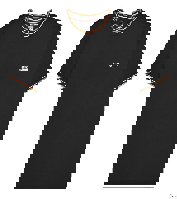 Lambretta Mens Twin Tipped Pique Classic Casual Smart T-Shirt, black T-shirt with white and orange trim on the crew neck and sleeves, featuring the Lambretta logo embroidered on the chest.