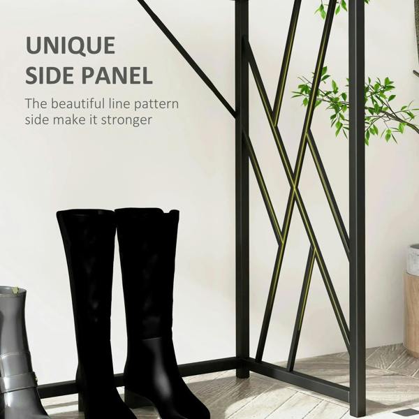 Industrial console table with black metal side panel pattern and grey wood-look tabletop