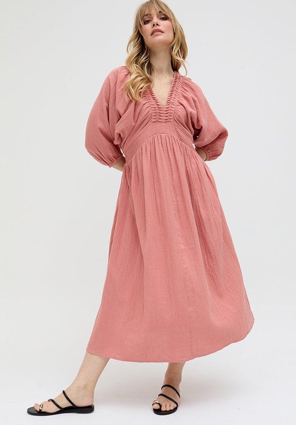 Raffya Soipoi Ruched V-Neck Midi Dress In Pink