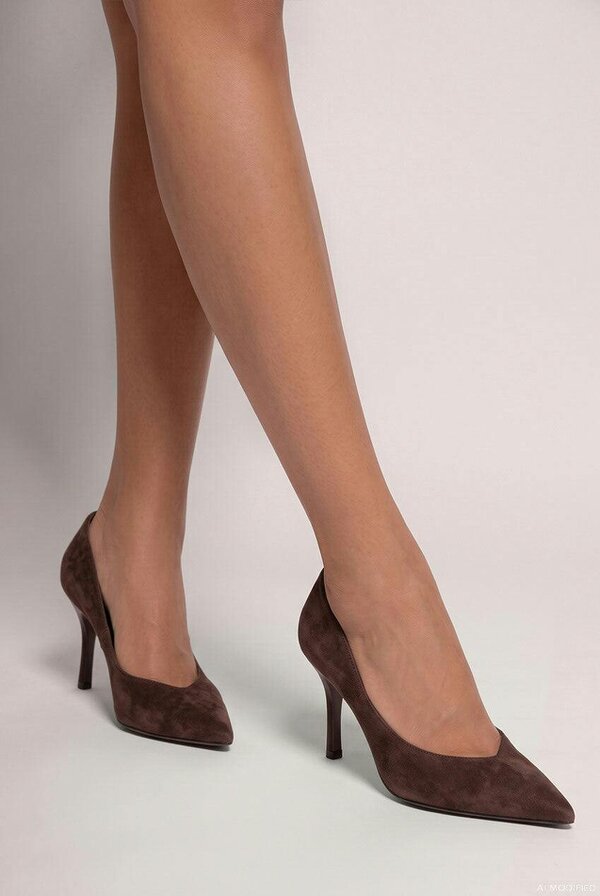 Goddiva Classic Low Cut Stiletto Style Suede Court Heels - Brown by Goddiva