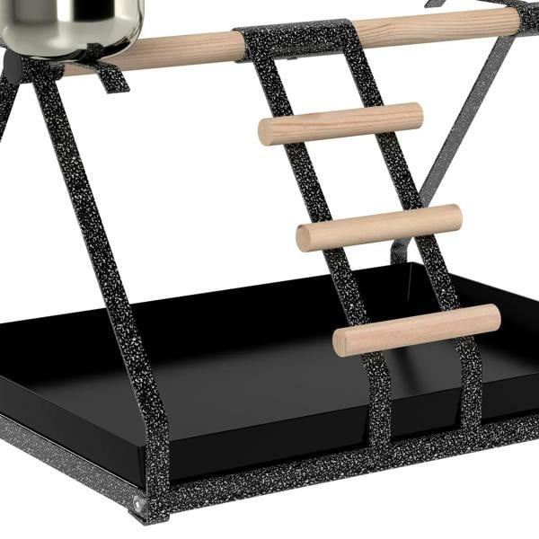 Black bird feeding stand with wood ladder steps and angled removable base tray