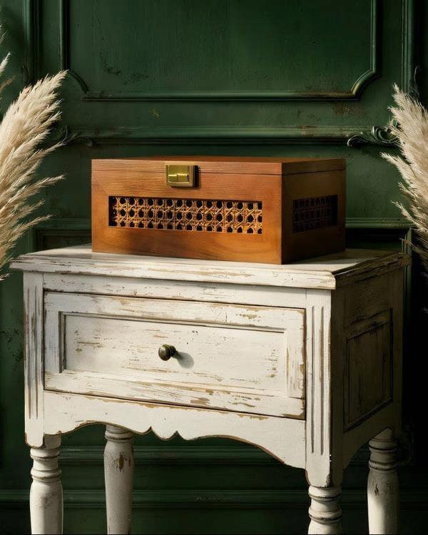 Wooden storage box with dried flowers on a wooden table in a living room.