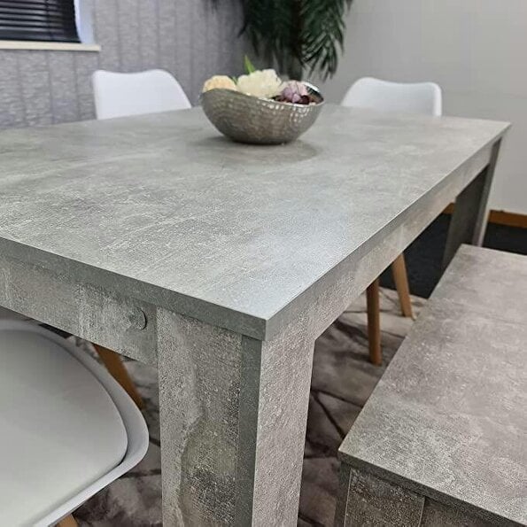 Kosy Koala Stone Grey Effect Wood Dining Table Set with Bench and 4 White Plastic Chairs ? Modern Dining Room Furniture