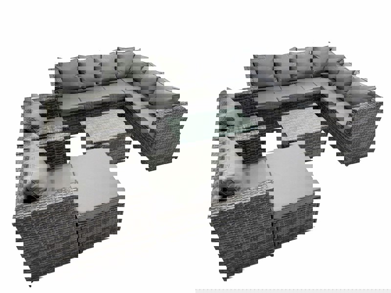 Fimous Patio Sofa Oblong Coffee Table Set Rattan Garden Furniture Set with 2 Chairs Big Stool Dark Grey Mixed