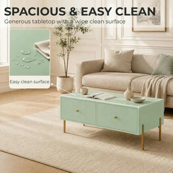 Modern Coffee Table, Living Room Table with Storage, 2 Drawers and Metal legs for Bedroom, Light Green