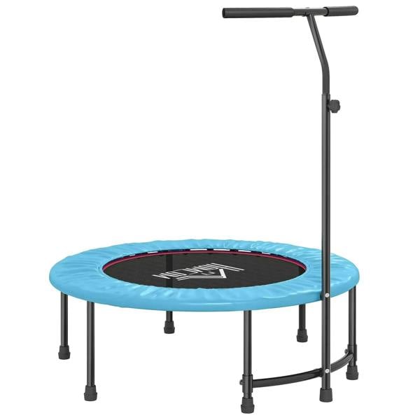 Blue mini trampoline with black center mat and adjustable padded support handle