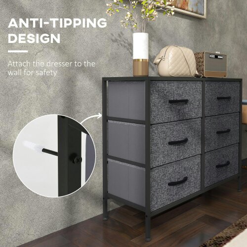 Wyld Haus Veroso Black Metal And Grey Fabric Black 6 Drawer Industrial Storage Dresser