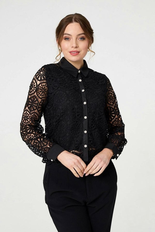 Black | Lace Layer Sheer Sleeve Cropped Shirt
